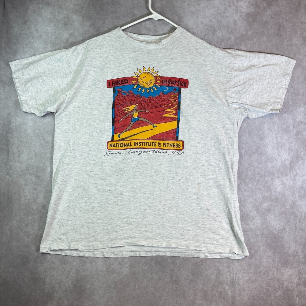 VINTAGE Snow Canyon Stop Sign Hike Shirt Adult XL White Tee Hiking USA Made 80s